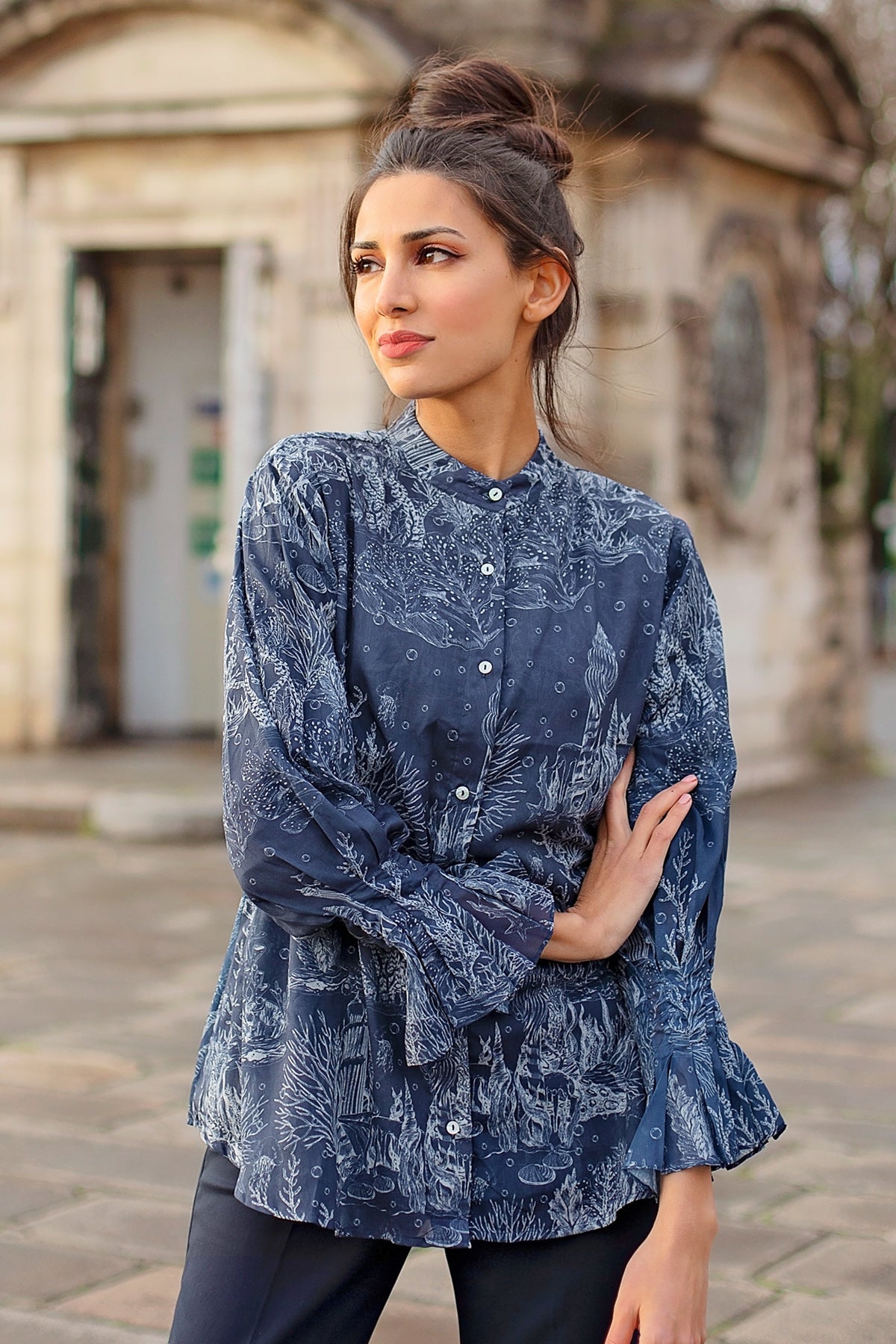 El Mar Minorca Shirt with Puff Sleeve - Navy