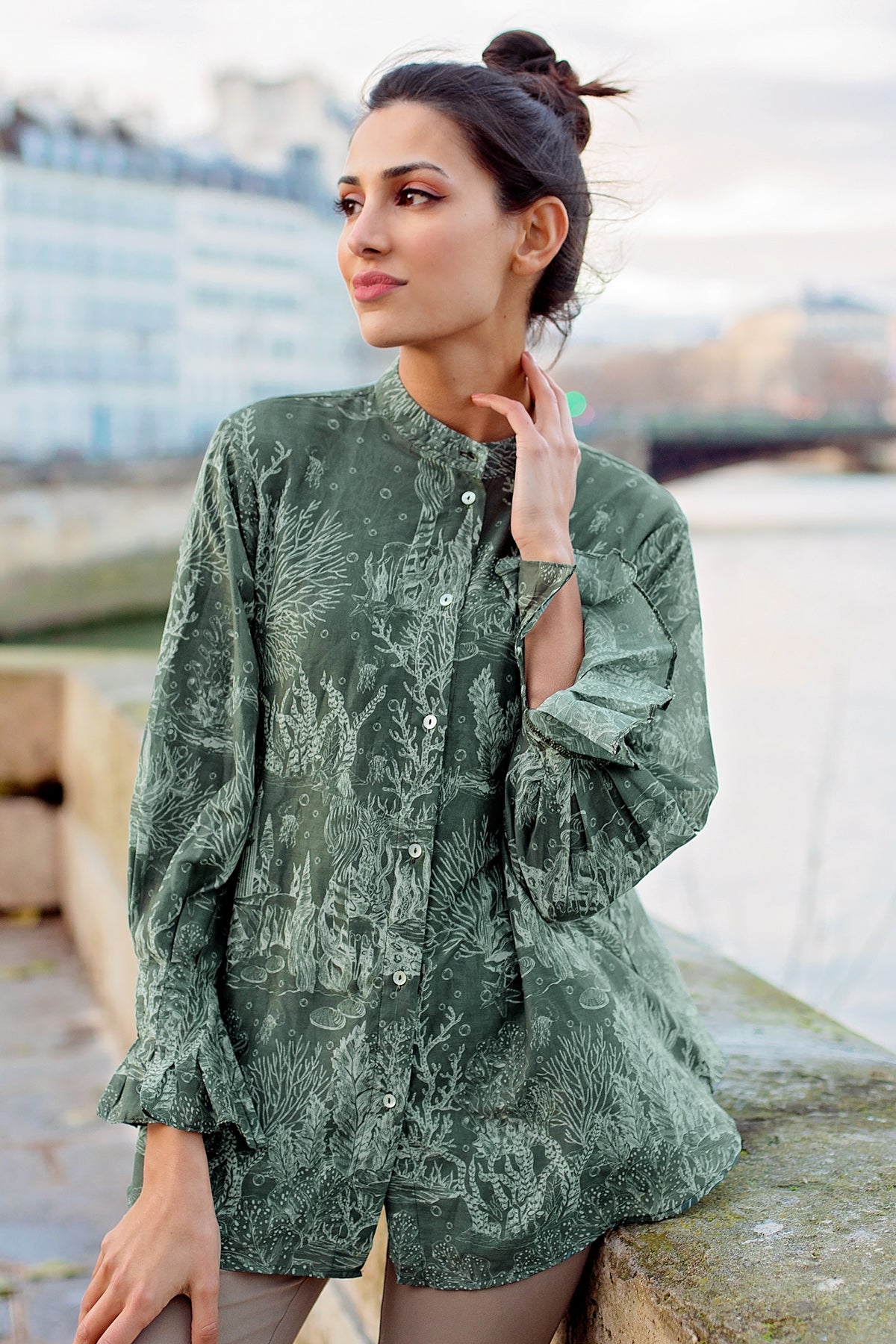 El Mar Minorca Shirt with Puff Sleeve - Dark Green