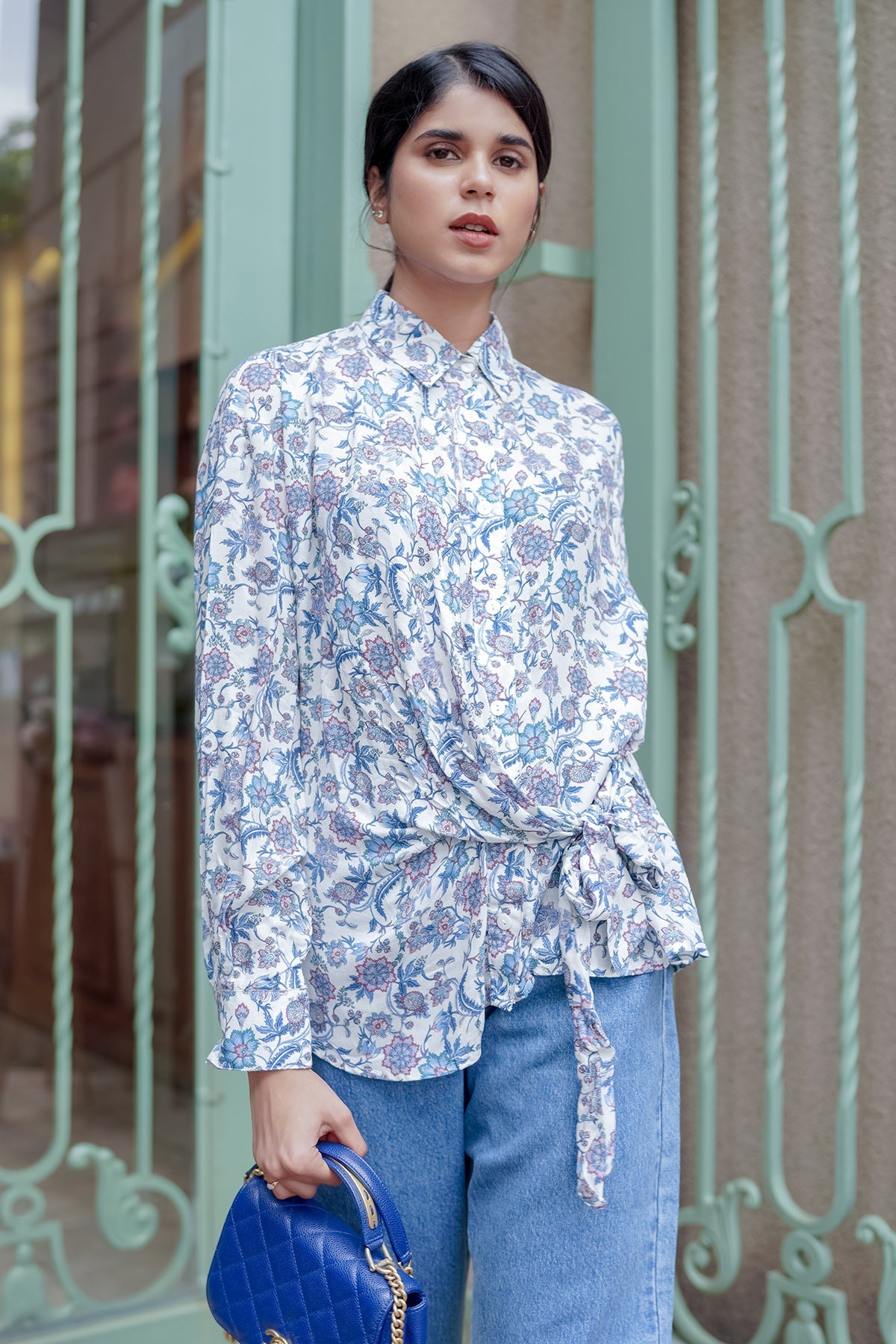 Polly Tied Blouse - Blue Floral