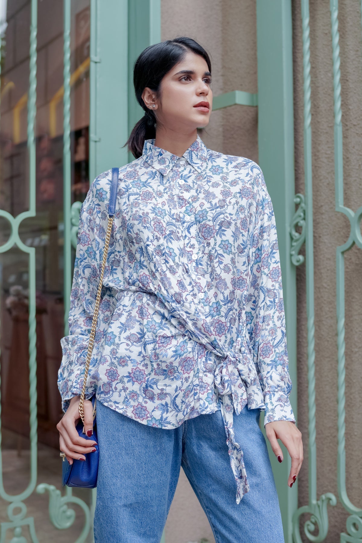 Polly Tied Blouse - Blue Floral