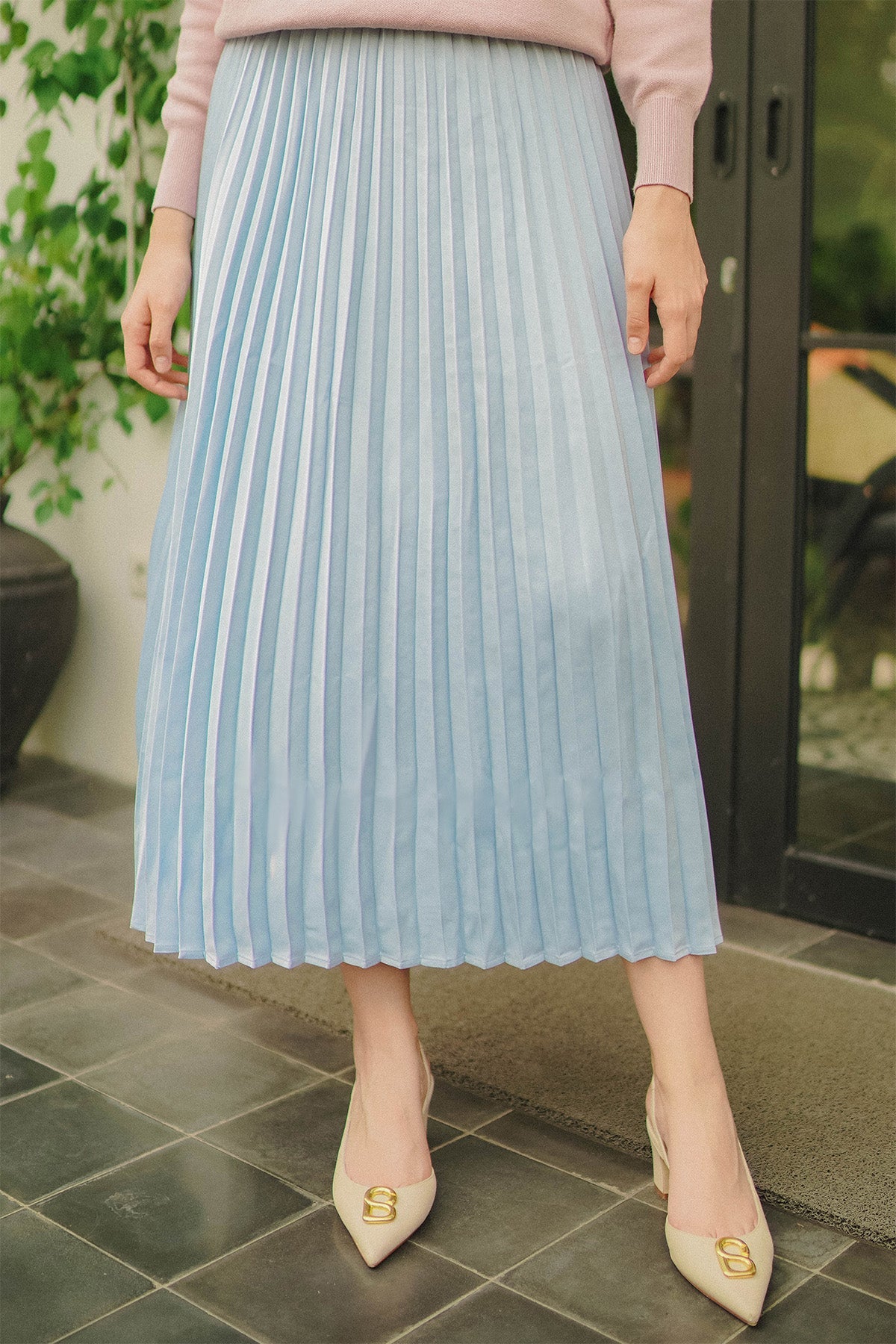 Satin Pleats Skirt - Light Blue
