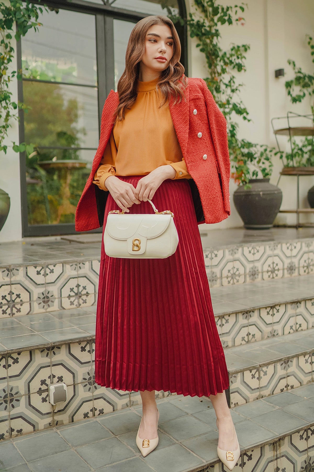 Satin Pleats Skirt - Maroon