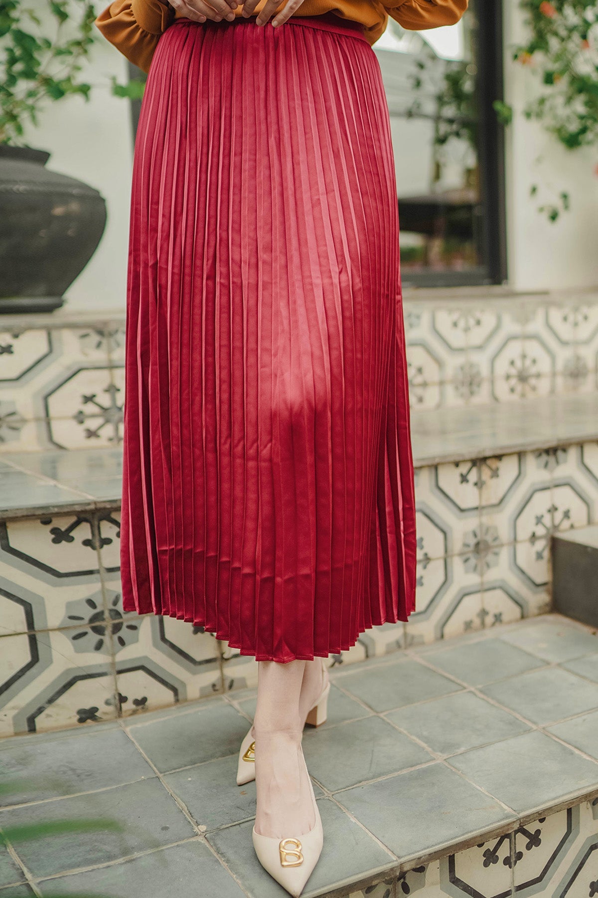 Satin Pleats Skirt - Maroon