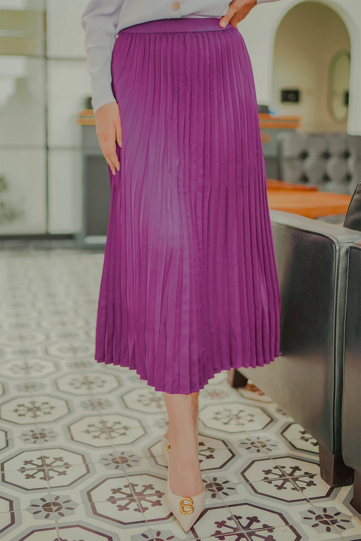 Satin Pleats Skirt - Purple