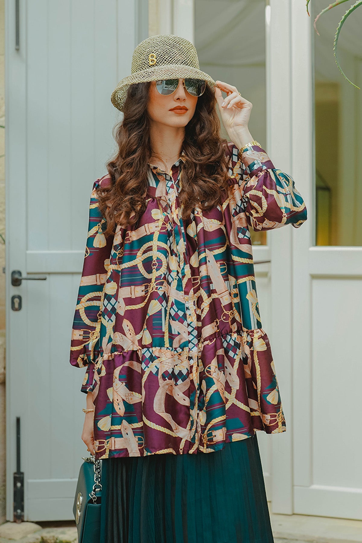The Chain La Bella Satin Shirt with Gathers - Maroon