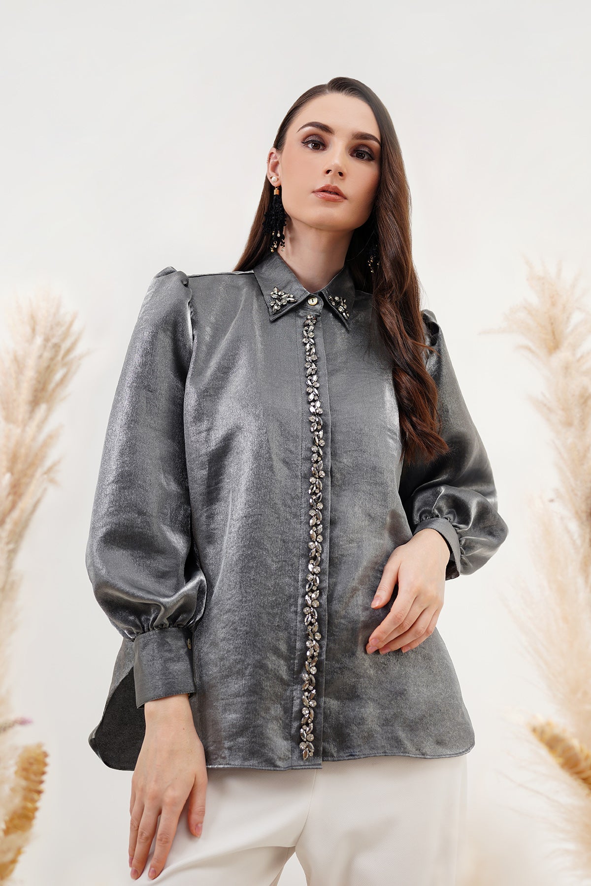 Velvet Shirt with Beads - Light Grey