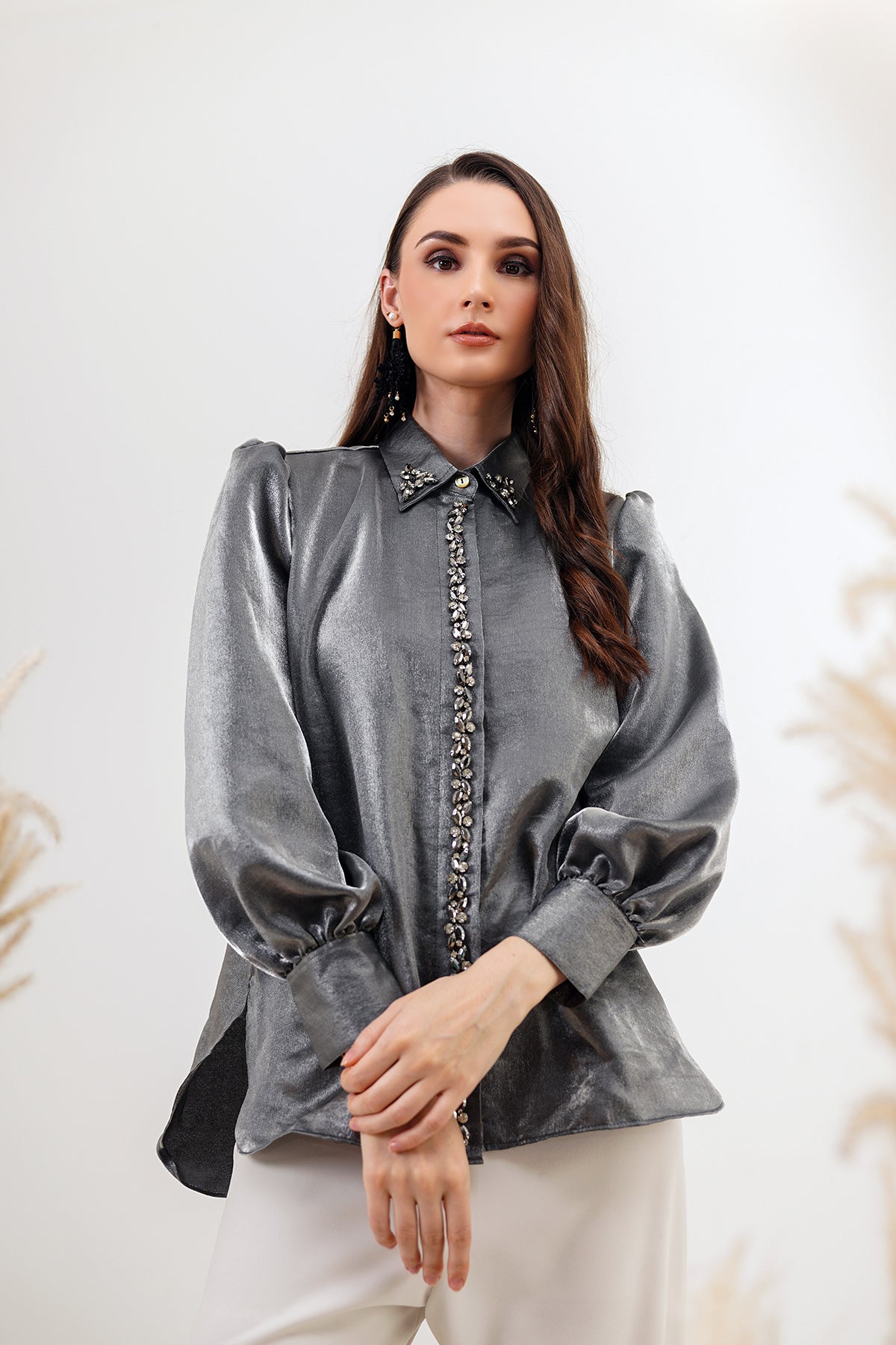 Velvet Shirt with Beads - Light Grey