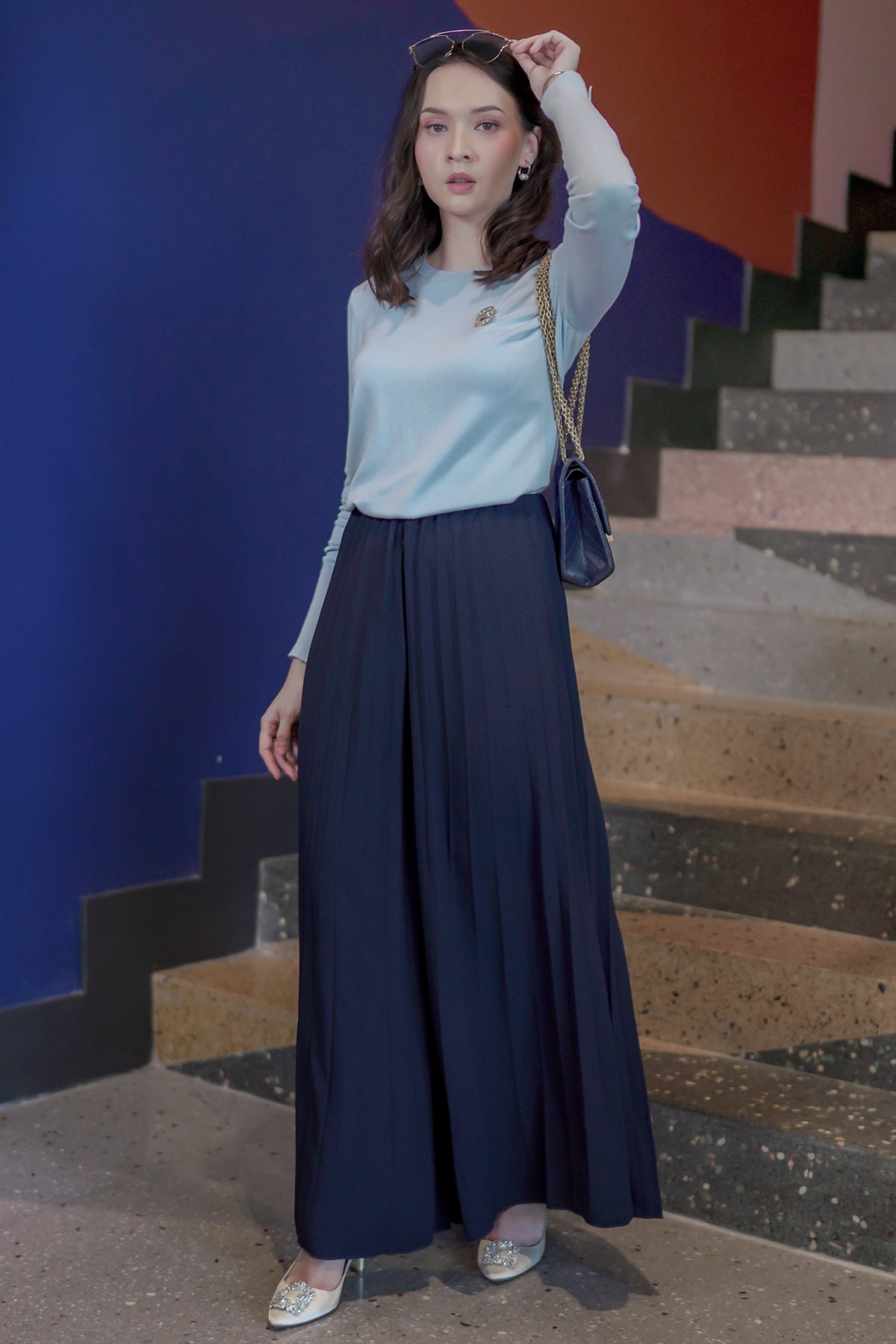 Navy Wide Pleats Pants