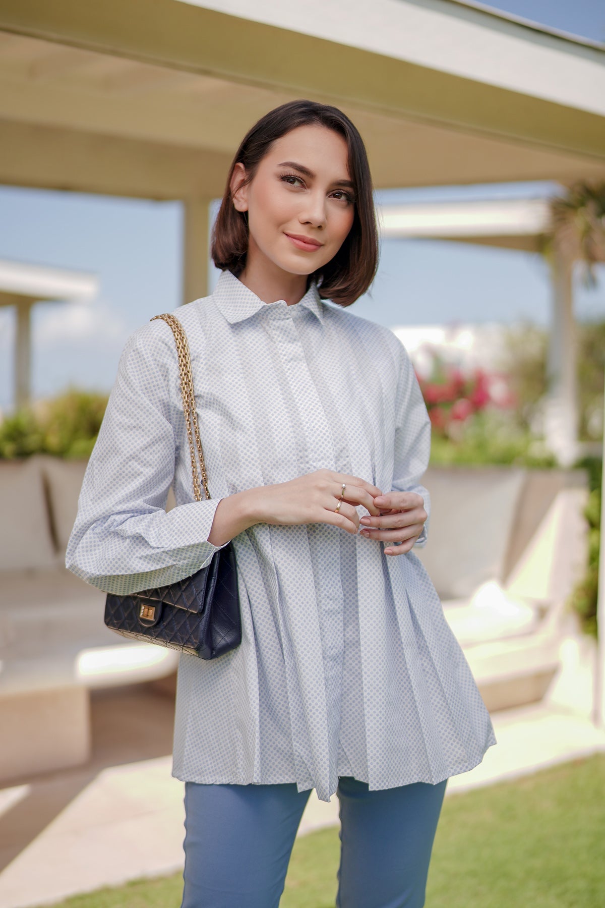 Savanna Ruffle Shirt - Blue Polka